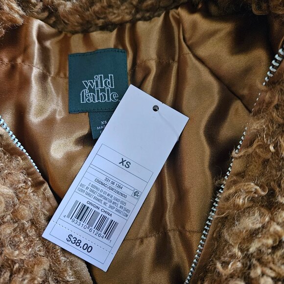 Wild Fable Womens Sherpa Bomber Jacket XS Faux Fur Camel Brown Full-Zip Stylish - Picture 9 of 10